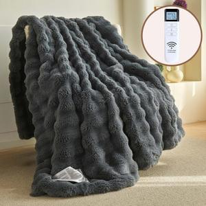 Heated Electric Blanket Twin Size,Soft Faux Rabbit Fur Heating Blanket with Overheat Protection.Cozy Plush Thick Blanket,10 Time Settings, 5 Heat Level(6284 inches,Grey)
