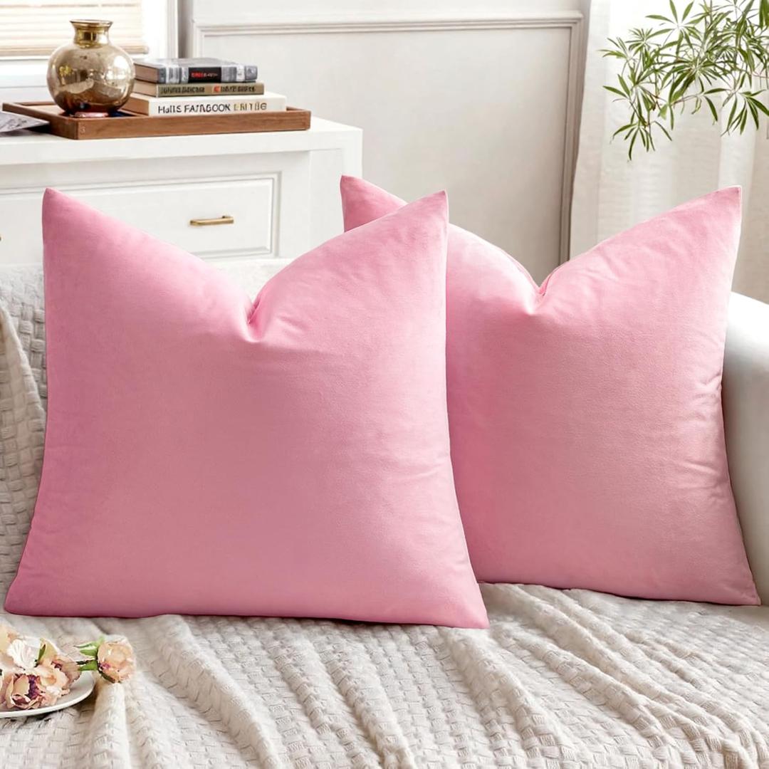 EMEMA Pack of 2 Velvet Throw Pillow Covers Decorative Square Pillowcase Soft Solid Cushion Case for Sofa Bedroom Chair Car 18x18 Inch Bright Pink