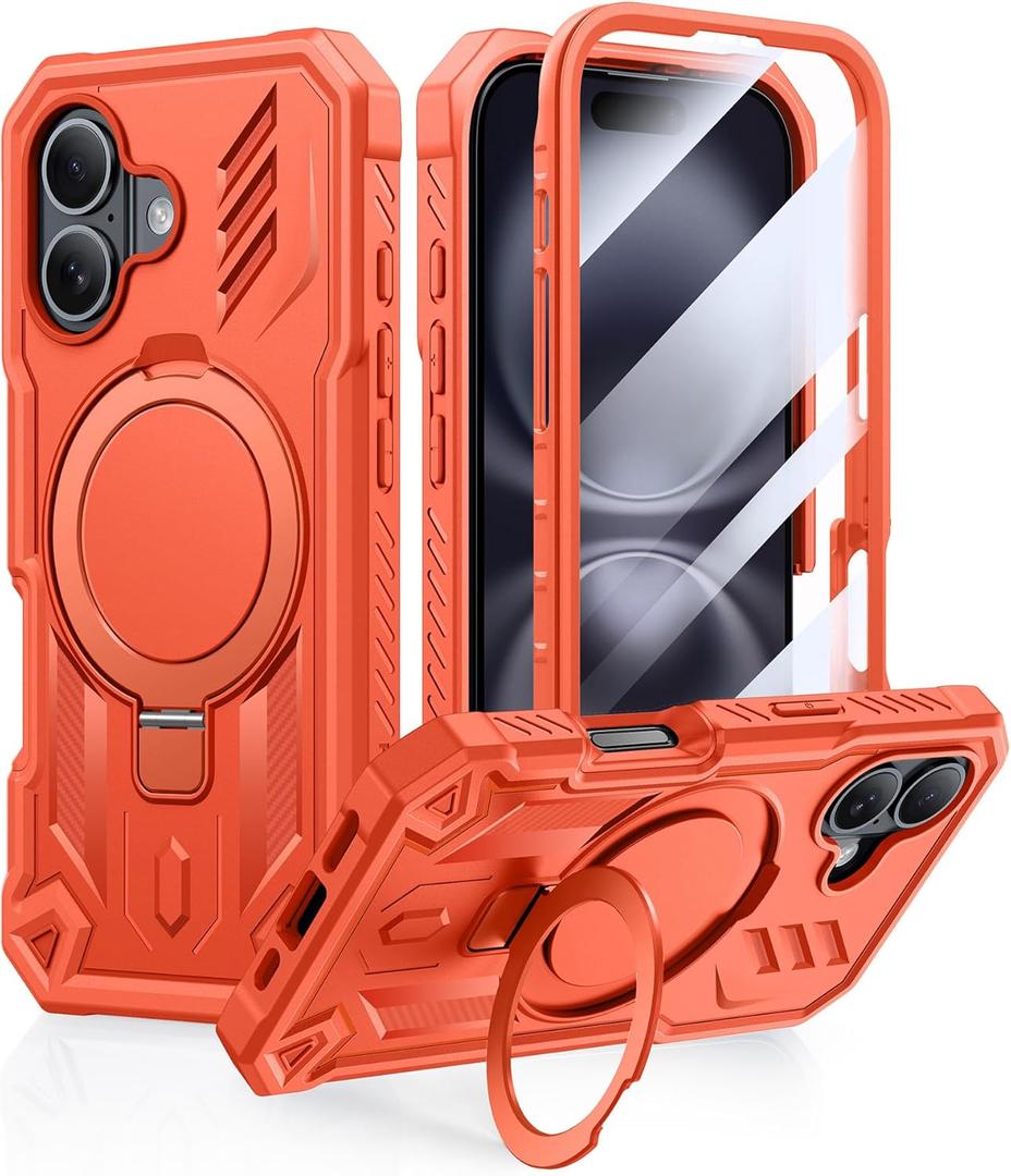 FNTCASE for iPhone 16 Phone Case: Magnetic Phone Cases with [Ring Kickstand] [Built-in Screen Protector] [Heavy Duty Military Grade Protection] Shockproof Rugged Protective Cell Phone Cover Orange