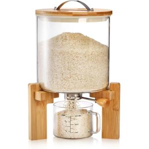 5L Glass Rice Dispenser, Cereal Container with Bamboo Stand, Large Airtight Food Storage Bin, Rice Organization Tank with Measuring Cup for Grain Coffee Beans Dry Food