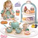 Atoylink Wooden Tea Party Set for Little Girls 28 Pcs Toddler Tea Set with Cupcake Stand & Food Pretend Play Accessories Kids Kitchen Playset Wooden Toys for 2 3 4 5 6 Year Old Girl Birthday Gift