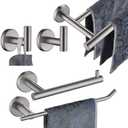 JQK Bath Hardware Towel Bar Accessory Set, 5-Piece Bathroom Accessories Fixtures Set Brushed Finished Wall Mount Includes 24" Towel Bar, 9" Hand Towel Bar, Toilet Paper Holder, Robe Hook x2, BAS105-BN