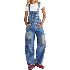 Flamingals Wide Leg Patched Stitch Detail Denim Overalls for Women Casual Jumpsuits with Pockets Mid Blue XS 