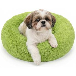 Calming Donut Dogs Beds for Small Dogs Washable,23inch Plush Round Pet Bed for Cozy Sleep,Fluffy Faux Fur Large Cat Bed,Fits up to 25 lbs Pets,Green