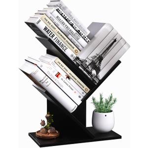 R RUISHENG 3 Tier Small Tree Bookshelf Storage Organizer Shelves Floor Standing Bookcase Desk Wood Storage Rack for Home Office Living Room Bedroom Display for Book Magazine CD Manga Black