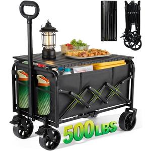500LBS Collapsible Folding Wagon Carts with Table - 230L Large Foldable Collapsible Portable Wagon Cart with Breaks, Heavy Duty & All-Terrain Swivel Wheels for Camping Shopping Garden & Fish