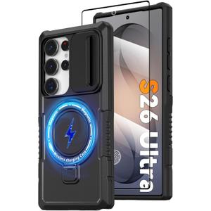 Magnetic Case for Samsung Galaxy S26 Ultra with Ring Stand [Screen Protector] [Compatible with MagSafe Wireless Charging] Military Grade Shockproof Case with Camera Cover for Samsung S26 Ultra, Black