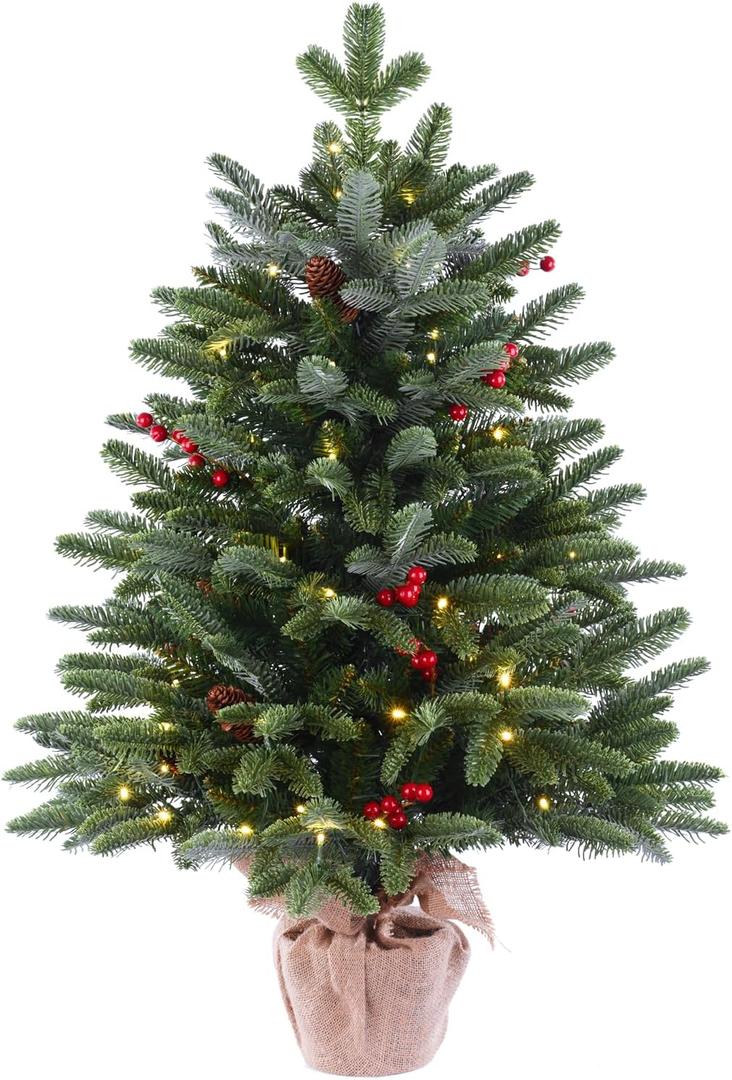 3ft Pre-Lit Premium Artificial Christmas Tree with 80 LED Lights Frazer Fir Mini Xmas Trees, Cement Burlap Base Basin, for Home Tabletop, Green