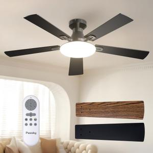 Passky Ceiling Fans with Lights, 52 inch Flush Mount Ceiling fan with Remote Control, Low Profile Ceiling Fan for Bedroom, Farmhouse, Reversible, 3CCT, Dimmable, Noiseless DC Motor, Black
