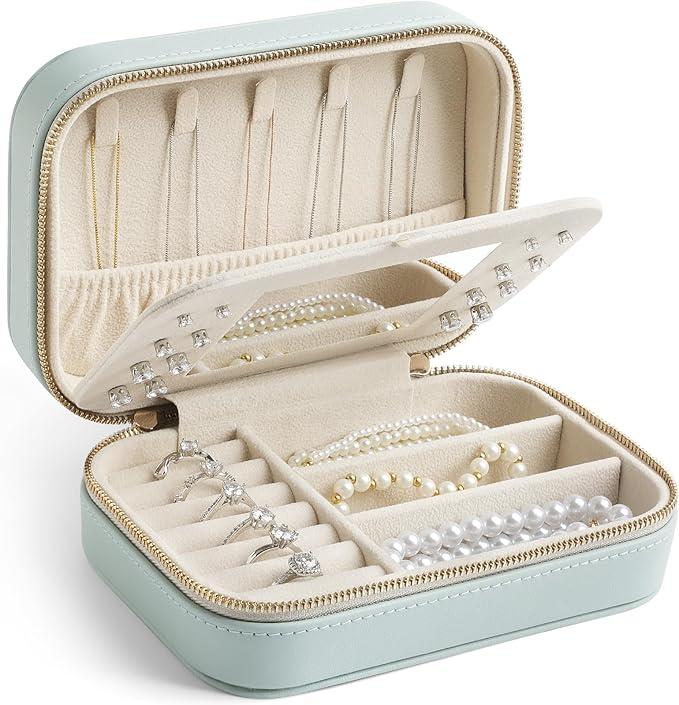 Genuine Leather Travel Jewelry Organizer Case with Mirror for Women, Small Mini Portable Jewelry Box for Ring Earrings Necklace Bracelet Luxury Gift for Women（Cyan）