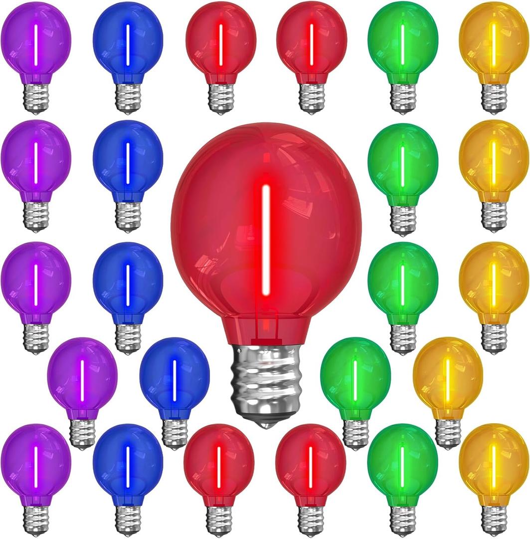 25 Pack G40 LED Christmas Replacement Light Bulbs, Shatterproof 0.6W Multicolor LED Globe Bulbs, Christmas String Lights for Outdoor Indoor Decor, E12 / C7 Screw Base Sockets- Clear Multicolor