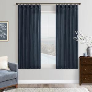 Navy Light Filtering Boys Bedroom Curtains 63 Inches Long 2 Panels Set for Small Window Dark Blue Boho Farmhouse Pinch Pleated Linen Short Semi Sheer Back Tab Bedroom Bay Windows 50W x 63L Length