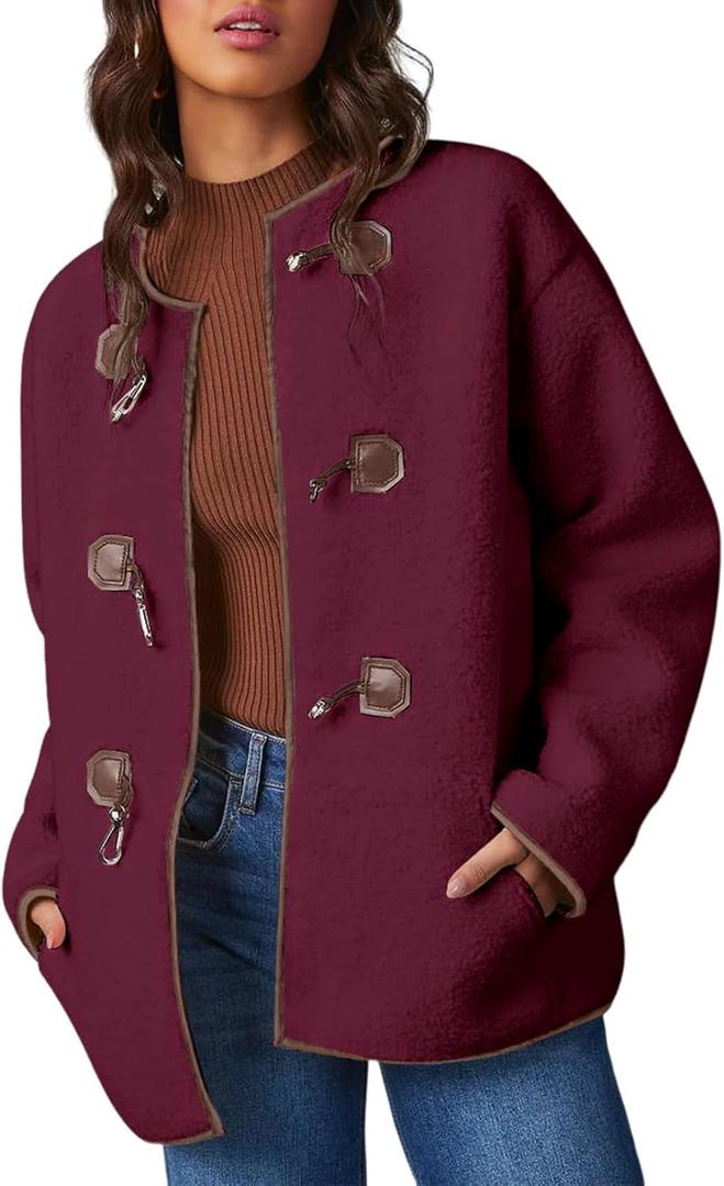 Dokotoo Womens Long Sleeve Jackets Fashion Faux Shearling Oversized Color Block Button Sherpa Jacket Coats (Large, Red)