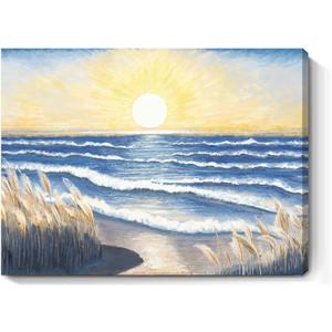 Bathroom Decor Wall Art Beach Sunset Blue Ocean Waves Nature Pictures Coastal Reeds Canvas Print Seaside Landscape Seashore Botanical Painting Seascape Artwork for Home Sea Lake Bedroom 12x16inch