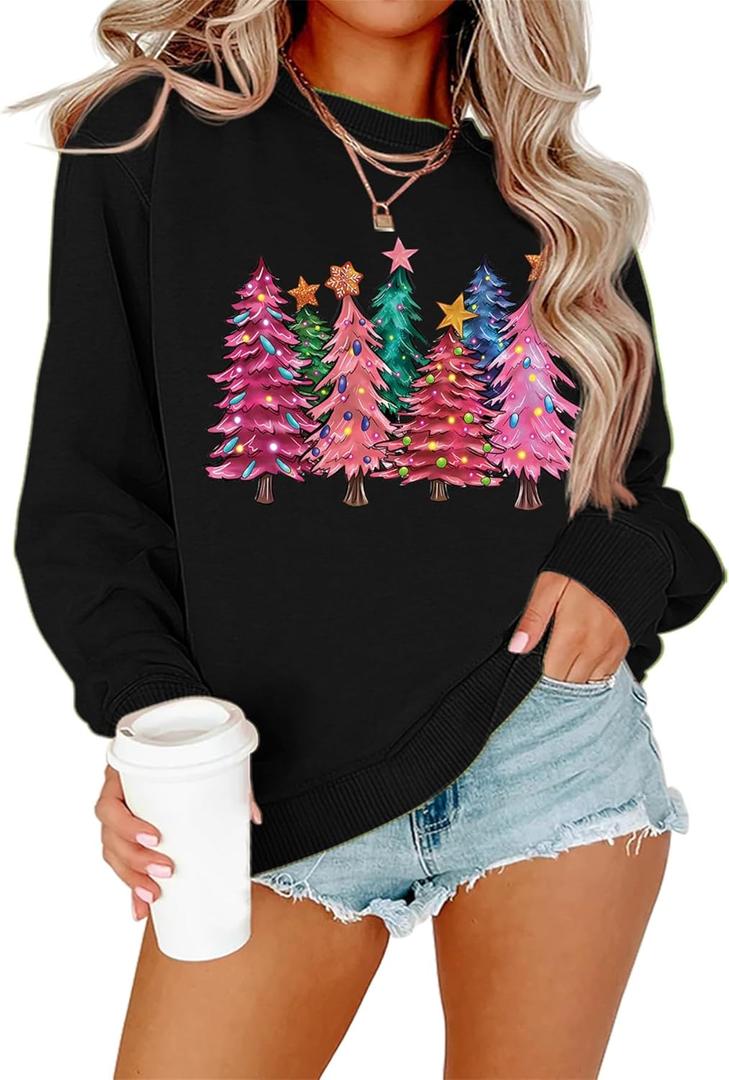 Christmas Sweatshirts For Women Cute Christmas Tree Graphic Long Sleeve Shirt Casual Crewneck Holiday Pullover Top (M)