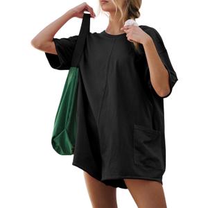 GTETKDE Rompers for Women Casual Short Sleeve Oversized Athletic Jumpsuits Workout Hot Shot Tee Romper Overalls with Pockets (Small, Black)