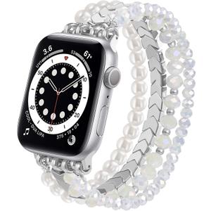 MOFREE Beaded Bracelet Compatible with Apple Watch Band 38mm/40mm/41mm/42mm, Fashion Elastic Stretch Women Bands for iWatch Series 11/10/9/8/7/SE/6/5/4/3/2/1 iPhone Watch Strap Bands (White/Yellow)