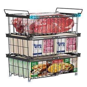 ISPECLE 3 Pack Freezer Organizer Bins - Fit 10 to 20 Cu.Ft Deep Freezer, Expandable Wire Storage Chest Freezer Baskets for Frozen Food, Stackable with Handles, Black