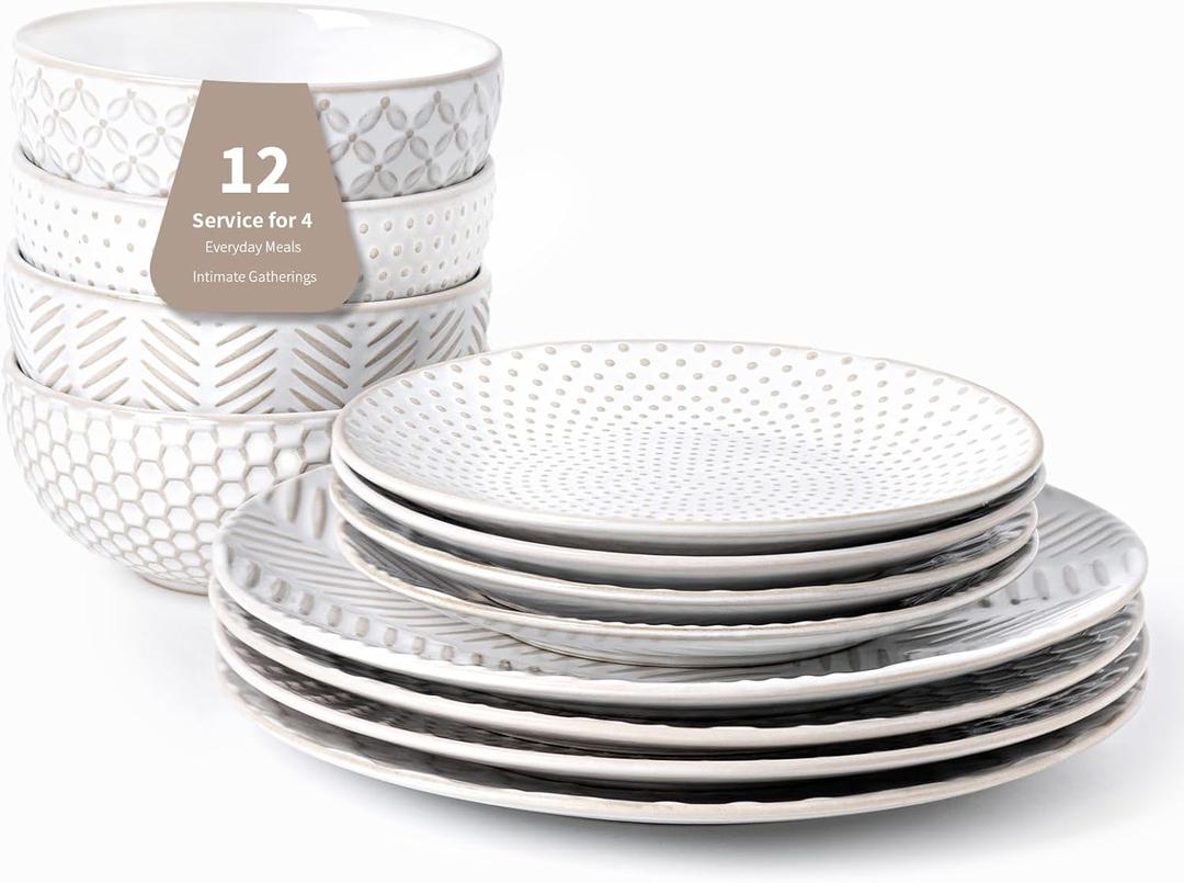 12 Piece Embossed Dinnerware Sets for 4, Elegant Plates and Bowls Sets, Microwave & Dishwasher Safe, Stoneware for Stylish Home DiningPerfect Housewarming Gift for Busy Families & Hostesses (Service for 4 (12pcs), Mixed Embossment)