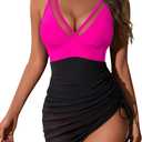 Blooming Jelly Womens One Piece Swimsuit Tummy Control Swim Dress Curvy Modest Bathing Suit Wraps Sarong Swim Suits 2025 (Large, Pink and Black)
