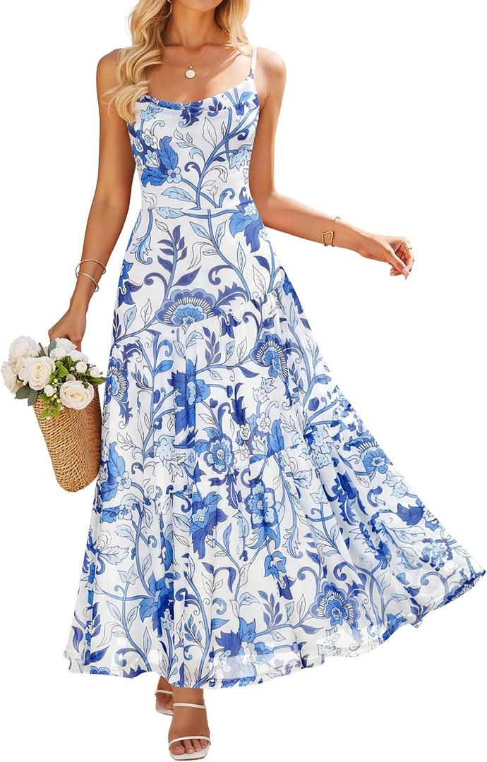 ZESICA Women's Summer Floral Sleeveless Maxi Dress 2026 Boho Mesh Spaghetti Strap Flowy Beach Wedding Guest Long Dresses, M