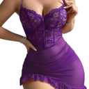Sexy Corset Bodycon Ruffle Sheer Underwire Mesh Lace Floral Outfits Babydoll Lingerie Set Dress with Thong 2 Piece (Large, Purple)