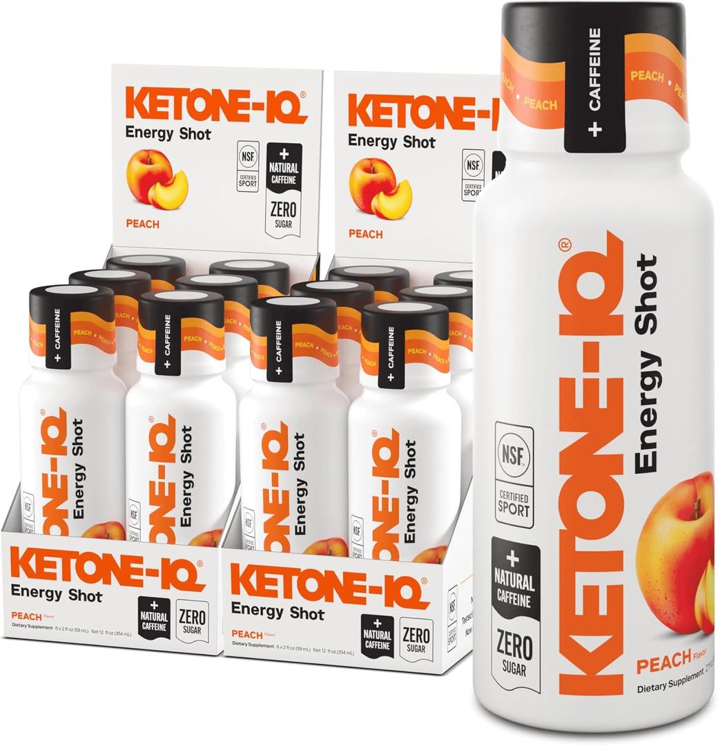 Ketone-IQ Exogenous Ketone Energy Shots with Caffeine - 12 Pack of Green Tea Caffeine Shots with 5g Bioidentical Ketones and B Vitamins - Fast Acting, On The Go Clean Energy Drink (Peach)