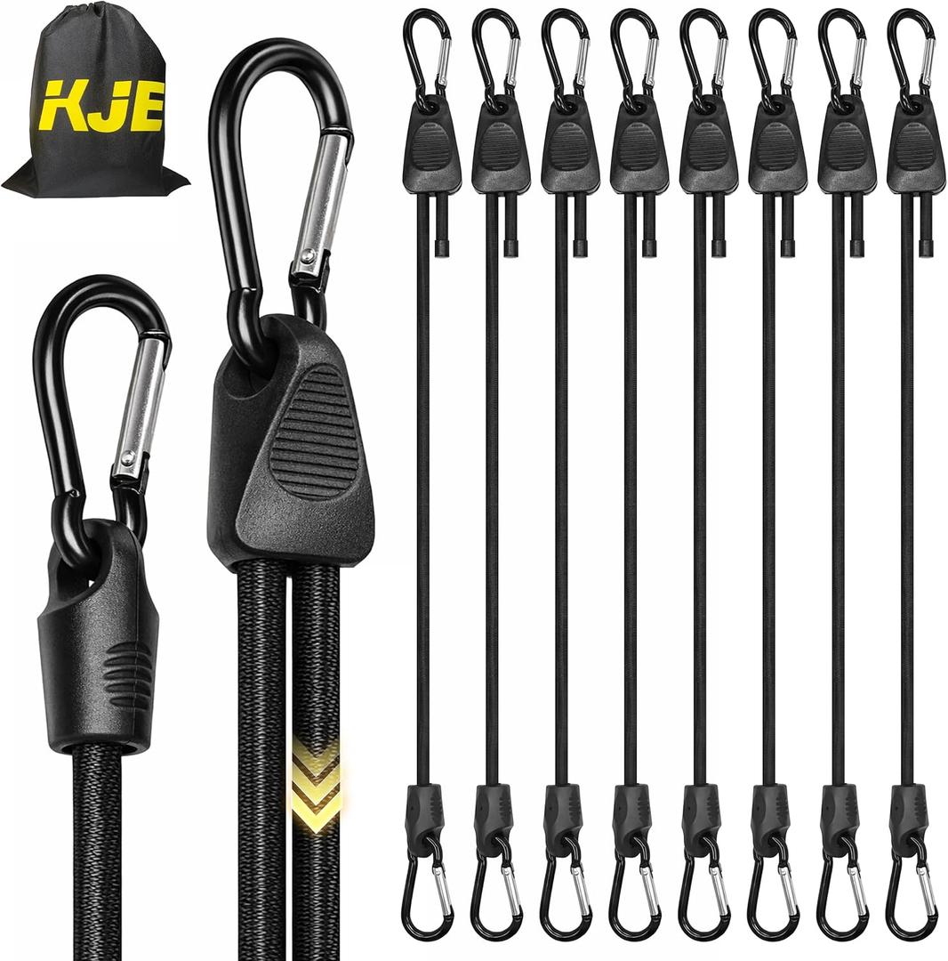 KJE 8Pcs 36" Adjustable Bungee Cords with Hooks - Black Bungee Straps, Easy to Adjust from 7" to 36", Ideal for Outdoor Tie Downs, Securing Tarps & Canvases & Cargo in Cold Hot Climates