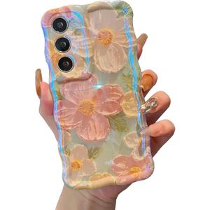XIZYO Case for Samsung Galaxy S24 Plus, Colorful Retro Oil Painting Flower Cute Floral Aesthetic Curly Wave Frame Laser Glossy Reflective Exquisite Stylish Cover Girly Women-Green