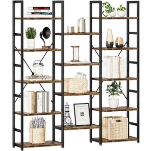 NUMENN Triple Column 5 Tier Bookshelf, Bookcase with 14 Open Display Shelves, Adjustable Rustic Industrial Style Book Shelves, Modern Bookshelves for Bedroom, Living Room and Home Office, Vintage