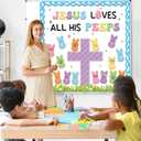 2 x Easter Christian Bulletin Board Set Jesus Loves All His Classroom Decorations Bunny Cross Eggs Religious Bulletin Board Cutouts for Easter Spring Sunday School Church Chalkboard Decor Supplies