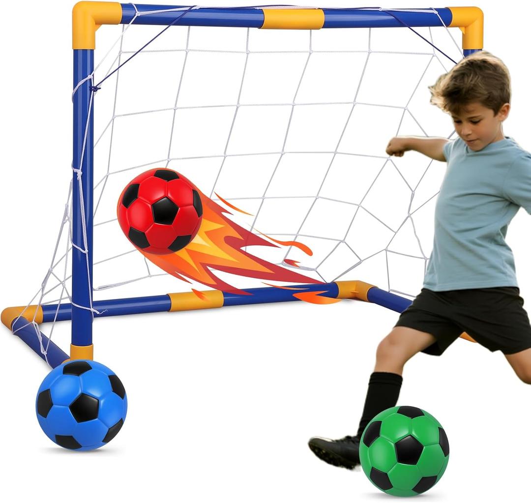Soccer Goal Set 23" W18" H12" D, Portable Soccer Goal Training Equipment, Mini Soccer Net with 3 Soccer Ball for Sports Game, Soccer Set for Kids and Youth