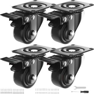 2 Inch Caster Wheels Heavy Duty, Casters Set of 4 with Brake, Locking Industrial Swivel Top Plate Casters Wheels for Furniture and Workbench Cart(Two Hardware Kits Include)
