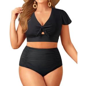 Yonique Womens Two Piece Plus Size Bikini Set High Waisted Swimsuits Tummy Control Bathing Suits Short Sleeve Swimwear 18W
