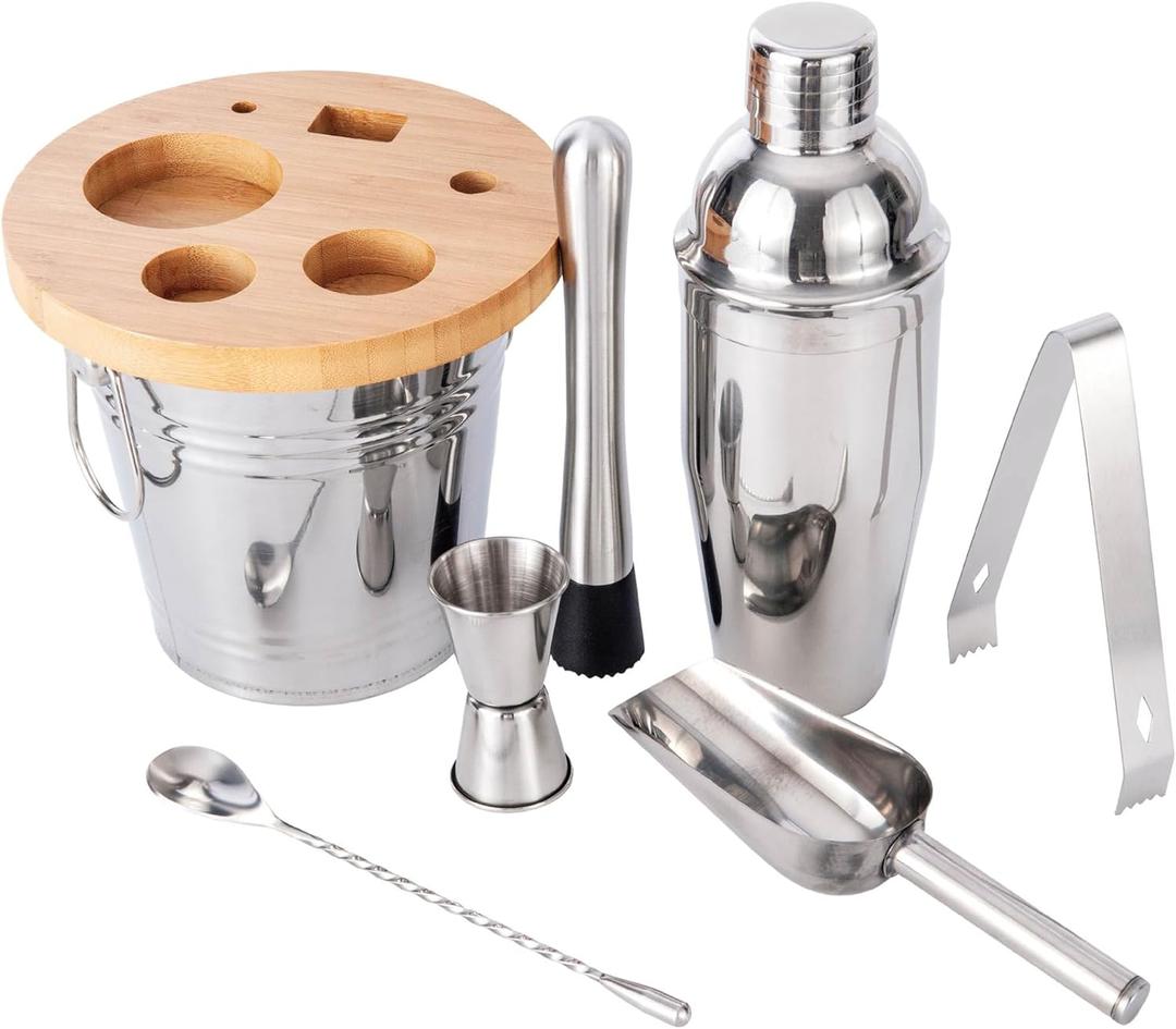 JNWINOG 8-Pcs Cocktail Shaker Set Bartender Kit | Bar Set Drink Mixer Set with Ice Bucket and All Bar Accessory Tools: Martini Shaker, Jigger, Strainer, Mixer Spoon, Muddler, Liquor Pourers |Silver