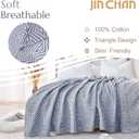 jinchan Boho 100% Cotton Blanket Muslin 50x60 Inches Lightweight 3-Layer Geometric Cross Pattern Reversible Quilt Throw Soft Breathable Comfy All Seasons for Couch Bed Decor, Blue