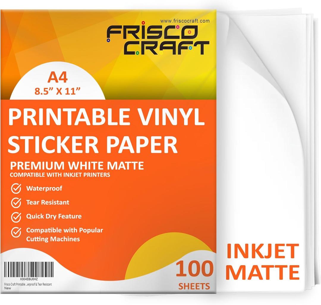 Frisco Craft Premium Printable Vinyl Sticker Paper for Inkjet Printers - Matte, 8.5" x 11" (A4) - Water-Resistant, Durable, Easy-Peel Sheets for Custom Labels, Decals, & Stickers (100 Sheets)