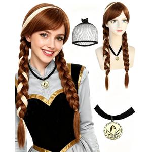 Anogol Hair Cap+ (1 Necklace) Long Brown Braided Ponytails Wig Brown Braids Princess Wigs Women Princess Cosplay Halloween Anime Party Costume Auburn Wig with Blonde Highlight Brown Braided with Bangs