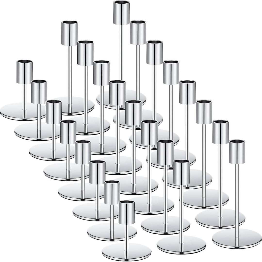 Sieral Candle Holders Bulk Taper Candlesticks Holders Set Modern Decorative Metal Candelabras for Wedding Anniversary Home Dinning Table Centerpiece Xmas Party Decor(Silver,24 Pcs)