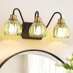3-Light Bathroom Vanity Light, Black Vanity Light, Vintage Black Finish Wall Mount Sconces with Tulip Glass Shade, Mid Century Hardwired Wall Sconces for Bedroom, Living Room, Hallway