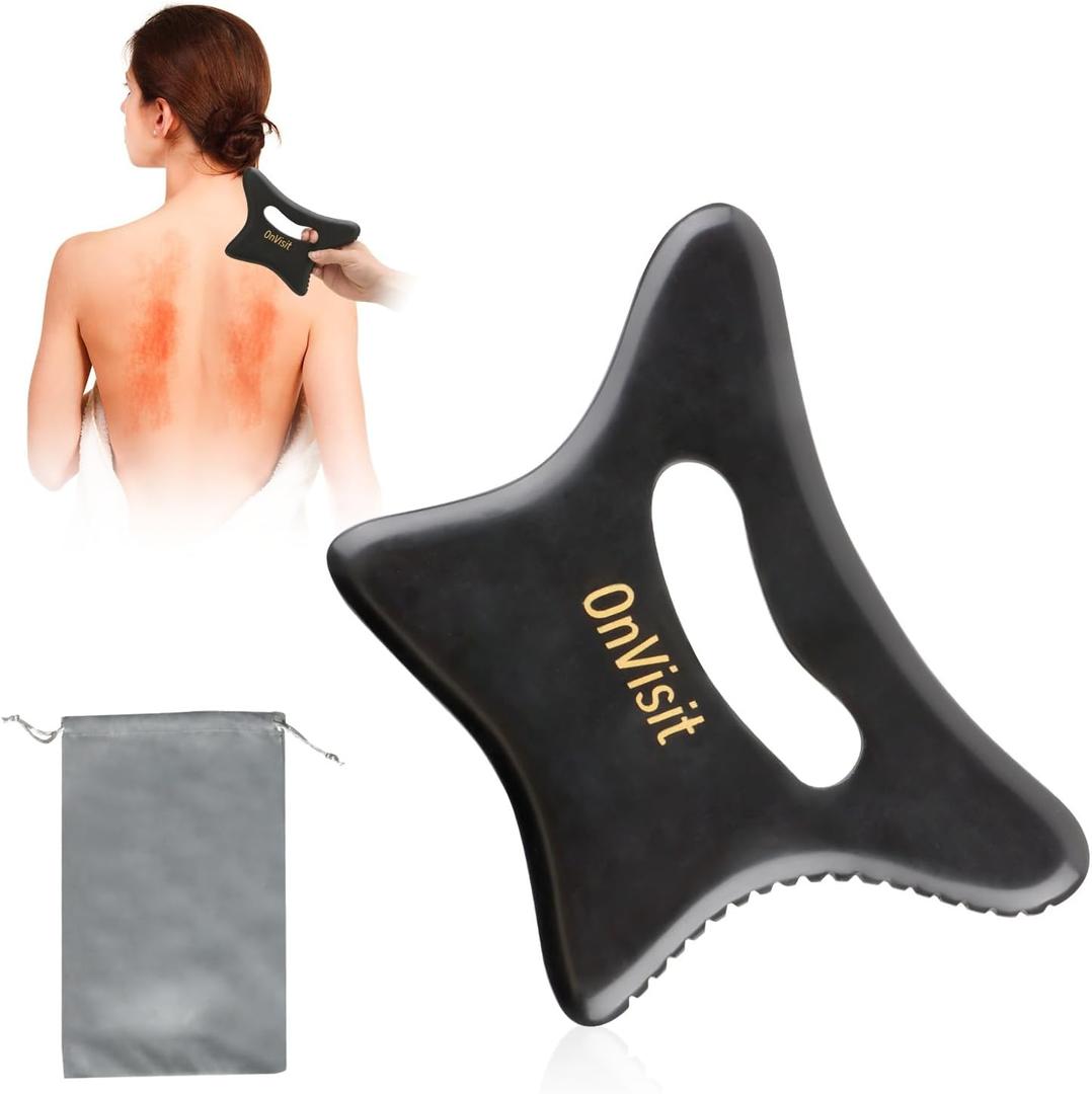 Full Body Bian Stone Gua Sha Tool and Facial Massage kit, Ergonomic Handle Guasha Scraping Tool for Neck/Arm/Back/Legs andtomach Masseger and Lymphatic Drainage & Cellulite(Black, Large)