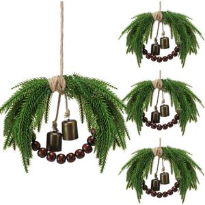 Dingion 4 Pcs Mini Christmas Wreath 8.6 Inch Small Norfolk Wreaths for Kitchen Cabinets Vintage Mini Wreath with Wood Bead Bell Rustic for Xmas Front Door Window Chair Farmhouse Decor