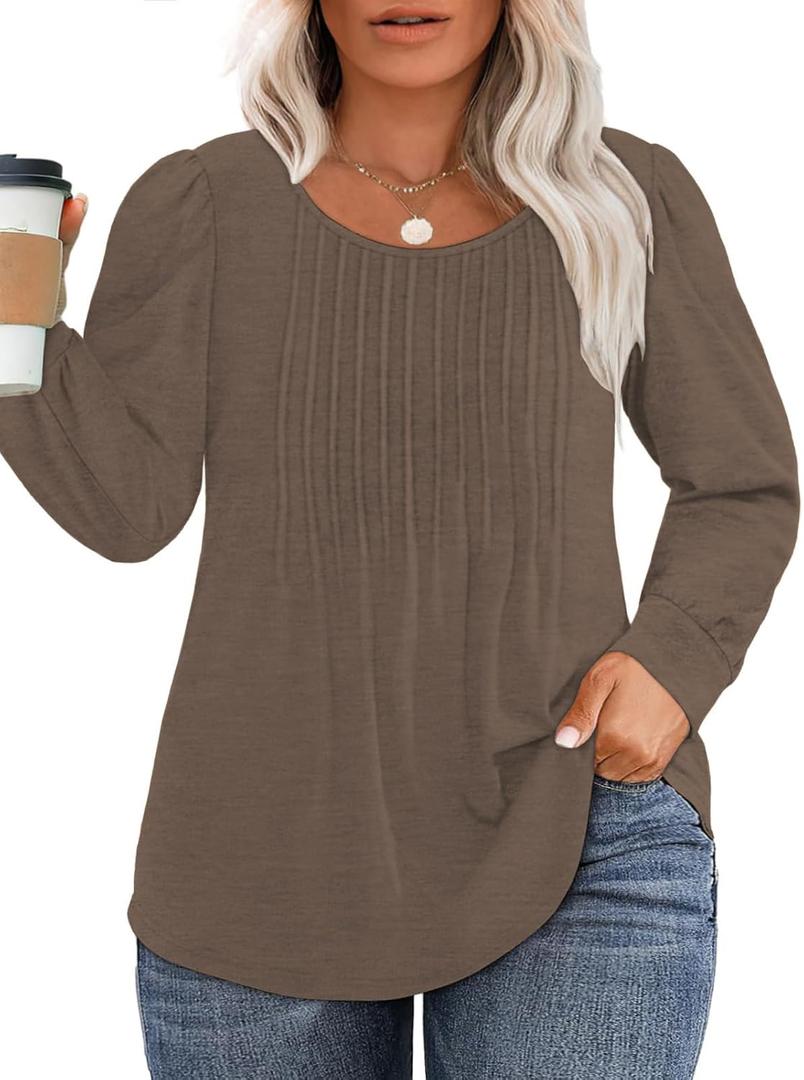 VISLILY Womens-Plus-Size-Dressy-Tops Trendy Puff Long Sleeve Casual Shirts (Brown, XXL)