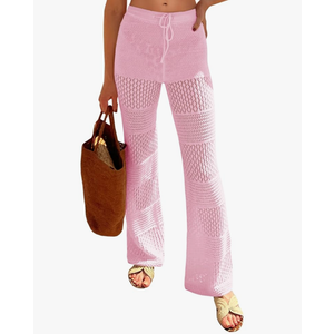 Saodimallsu Womens Beach Cover Up Pants Boho Crochet Knit High Waist Drawstring Sheer Hollow Swim Pant Swimwear 29.5x38