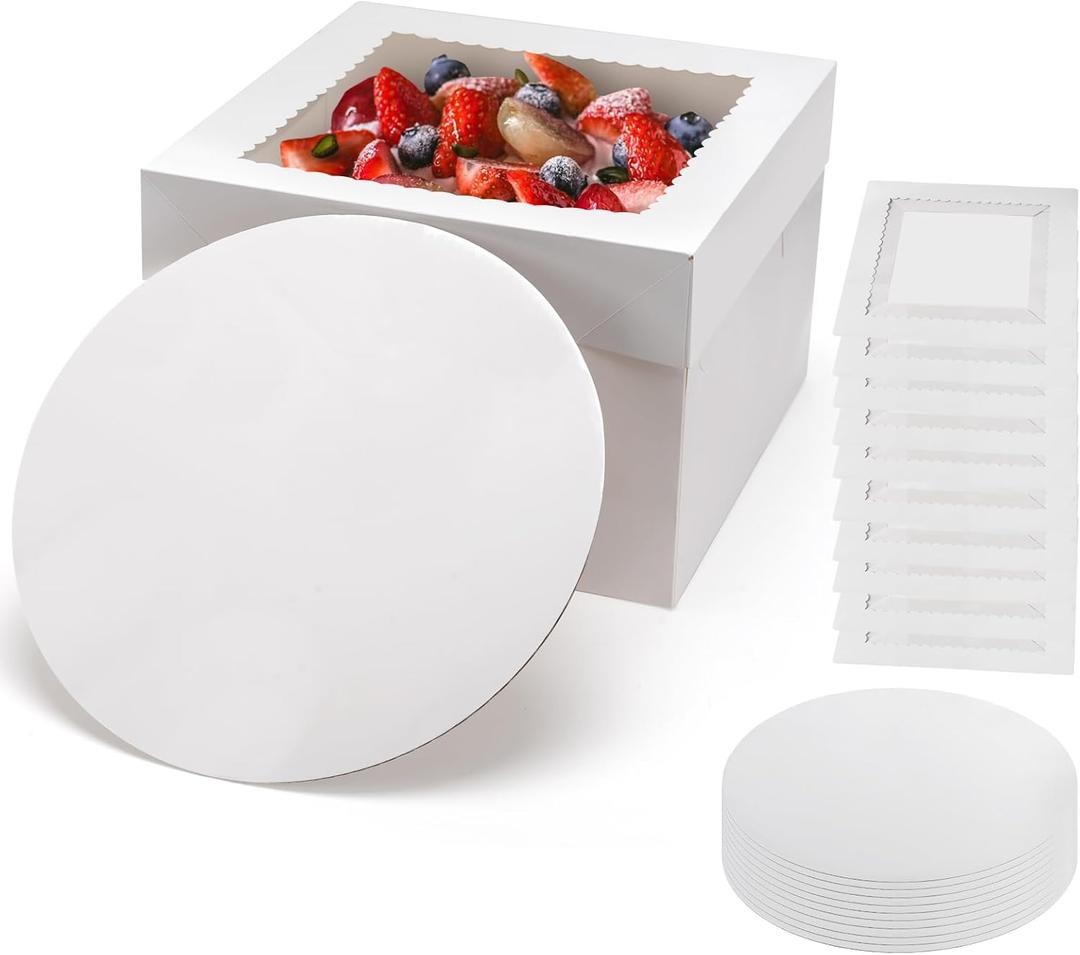 15Pcs 10x10x8 Inch Tall Cake Boxes with Clear Window & Cake Boards - Sturdy White Bakery Boxes with Scalloped Edge for Layer, Wedding, Birthday Cakes - Secure Transport for Professional & Home Bakers