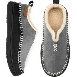 EverFoams Men's Moccasin Slippers Memory Foam Indoor/Outdoor Warm Suede House Shoes with Fuzzy Sherpa Lining (12, Grey)