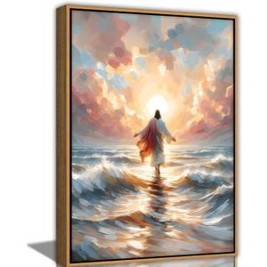 Framed Jesus Walking on Water Canvas Wall Art Christian Spiritual Divine Light Painting Picture Wall Decor Modern Religious Faith Poster Print Artwork for Church Prayer Room Bedroom Home Decoration, 24"L x 16"W