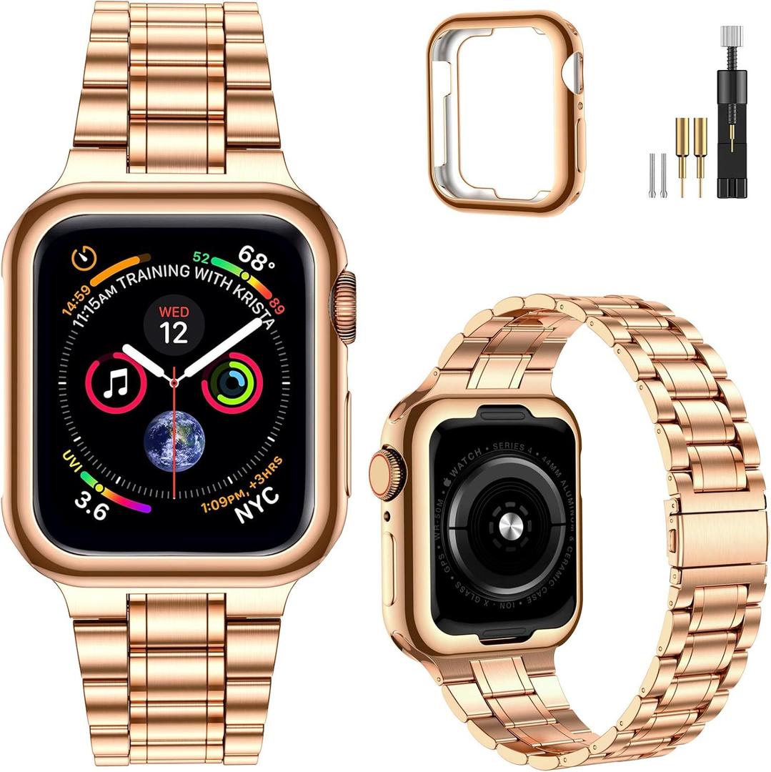 MioHHR Solid Stainless Steel Band Compatible with Apple Watch 44mm 42mm (Not Series 10), Metal Strap with Soft TPU Case for iWatch Series 6 5 4 3 2 1 SE Women and Men, Rose Gold