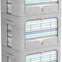 3 Pack Clothes Storage Bins Foldable Metal Frame Storage Box Stackable Linen Fabric Organizer Set with Carrying Handles and Clear Window (Light Gray, 15.7x11.8x11.8inch(36L))