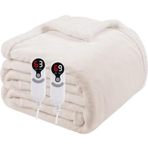 Electric Heated Blanket Queen Size 84"x90", Soft Flannel with Dual Controllers & Overheat Protection, 9 Adjustable Heat Settings & 10-Hour Auto-Off Timer, Fast Heating for Winter Comfort, White